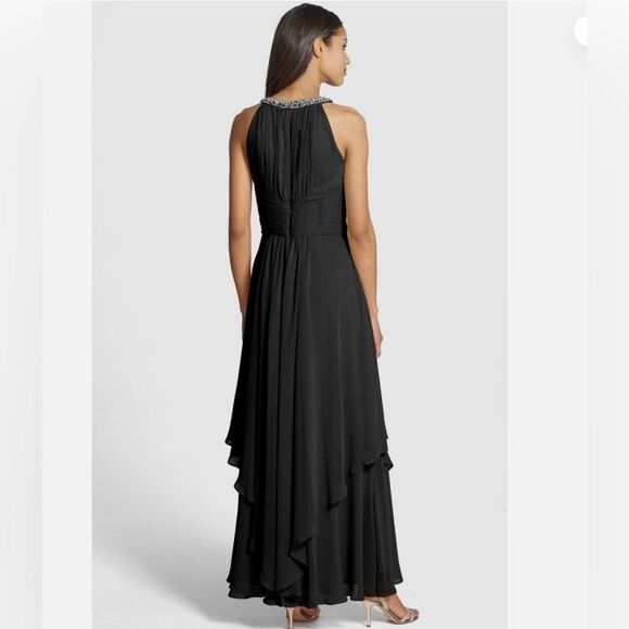 Eliza J Dress Women’s 8 Embellished Tiered Chiffon Halter Gown Black Like New - Picture 2 of 10
